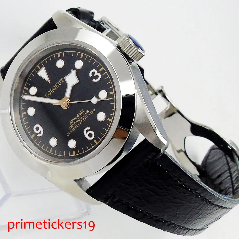 

Mechanical men watch 41mm CORGEUT automatic date window black dial leather strap sapphire crystal deployment clasp 104