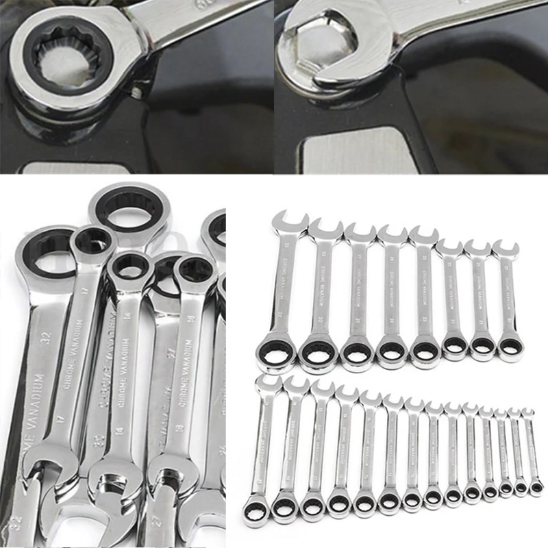 6mm-32mm Steel Metric Fixed Head Ratchet Spanner Gear Wrench Hand Nut Tools