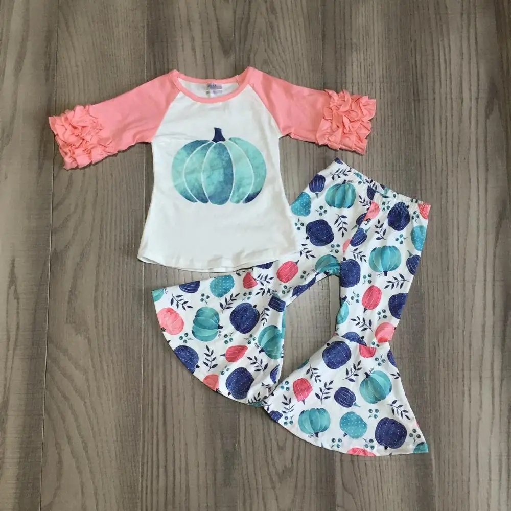 

Halloween Thanksgiving Fall/Winter outfit children cotton clothes ruffles coral pumpkin milk silk pants ruffles Bell-bottoms