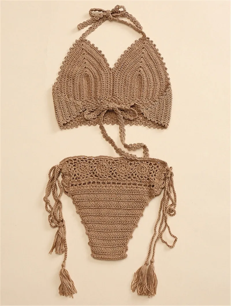 2021 New High Waist Two Pieces Bikini Set Crochet Swimsuit Female Women Beachwear Swimwear Bather Side Tied Lace Up Bathing Suit