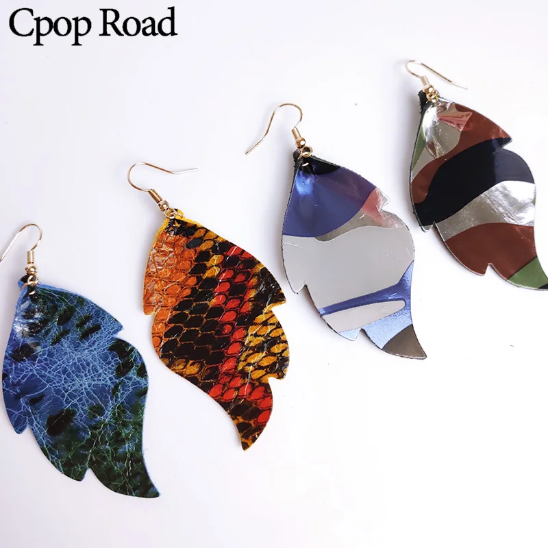 

Cpop New Snake Skin Style Genuine Leather Earrings Glitter Colorful Leaf Earring Fashion Jewelry Women Accessories Hot Sale Gift