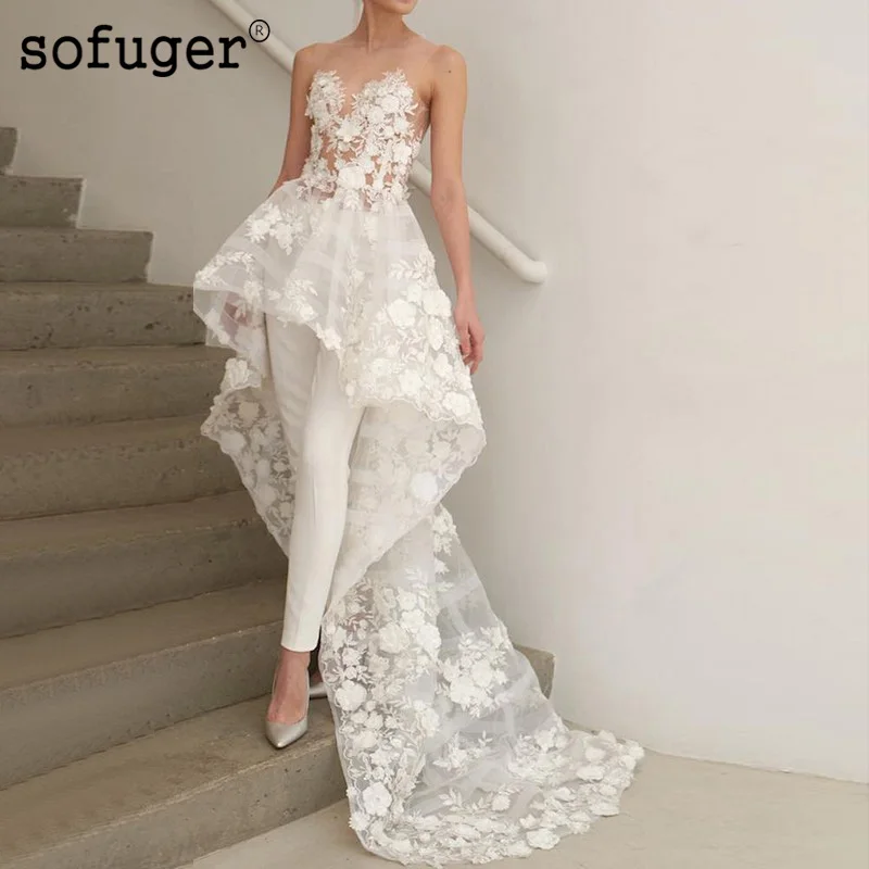 Элегантные белые брюки цвета слоновой кости свадебное платье декольте с кружевными аппликациями Robe De Mariee Sofuge элегантное женское вечернее платье Abiti Da Sposa