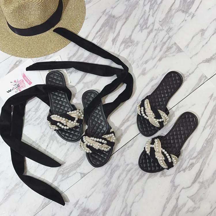 

2019 Spring New Style Black And White with Pattern Rhombus Sandals Pearl Linen Flower Color Weaving Soft Bottom Flat Sandals