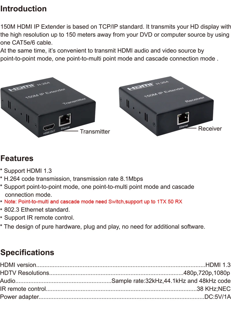 150 м HDMI IP удлинитель через RJ45 Ethernet сеть Cat5e Cat6 кабель удлинитель поддержка 1 TX 50 RX передатчик приемник IR по UTP/STP