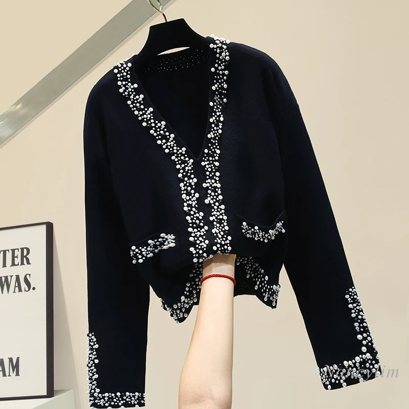 Black Cardigan Woman Autumn Beaded V-neck Knitted