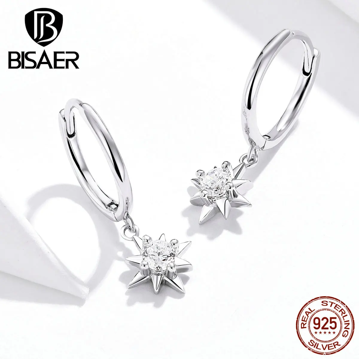 Серьги в форме звезды BISAER, 925 пробы, серебряные, светящиеся, кубический циркон, в форме звезды, серьги-гвоздики для женщин, роскошные серебряные ювелирные изделия ECE759