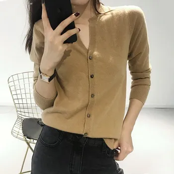 

FRSEUCAG 20 Spring and Autumn New Wool Cardigan Female Slim Round Neck Short Knit Full Sleeve Jacket Sweater Single Breasted