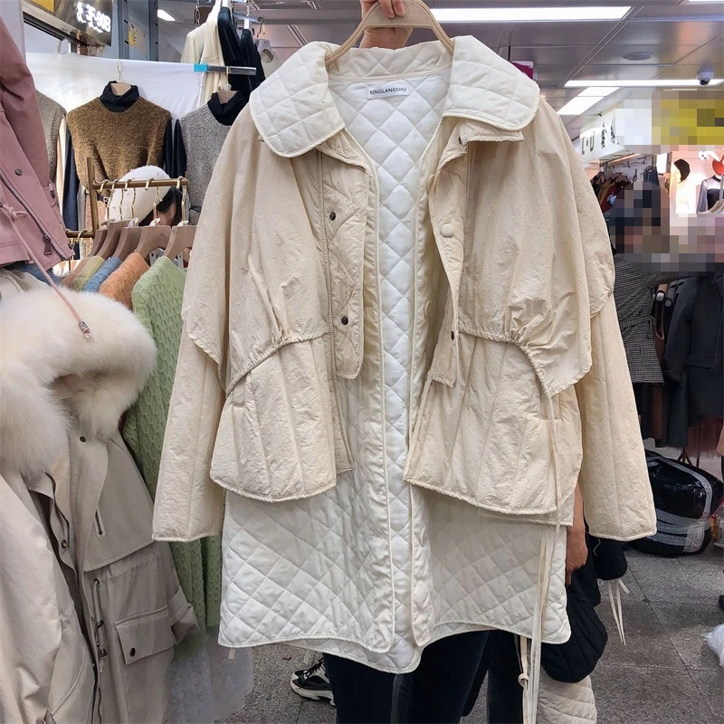 Зимняя новая модная Корейская ретро куртка с ромбовидным принтом и тонким хлопковым подкладом с двумя пуховыми хлопковыми вставками размера плюс женские пальто