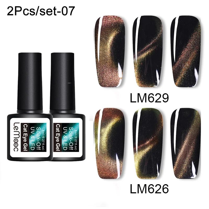 LEMOOC Cat Eye Effect Gel Chameleon Thermal Magnetic Gel Nail Polish Soak Off UV Laser Gel Varnish Black Base Top Coat - Color: set 7