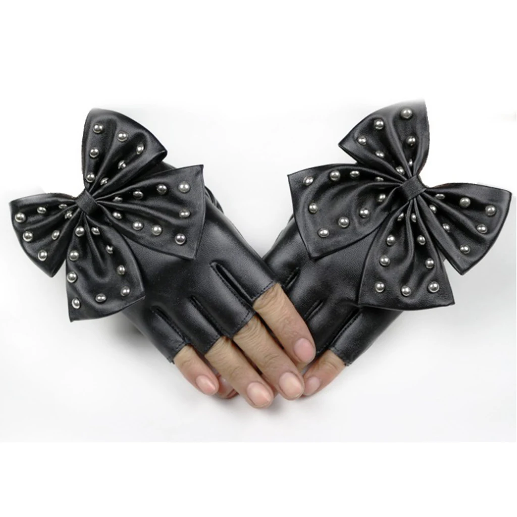 1 Pair Fashion Fingerless Gloves Female PU Leather Rivet Mitten Hip Hop