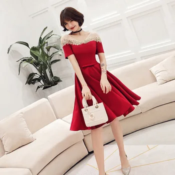 

Burgundy Sequin Prom Dress R280 V-Neck Appliques Women Party Gowns Knee-Length A-Line Vestidos De Fiesta Elegantes De Gala 2020