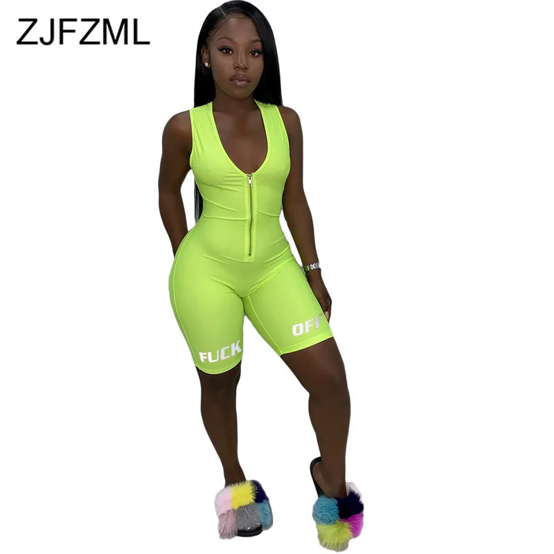 

High Waist Summer Slim Fit Jumpsuits For Women Letter Print Sleeveless Bodycon Catsuit Fashion Deep V Neck Zipper Up Biker Short