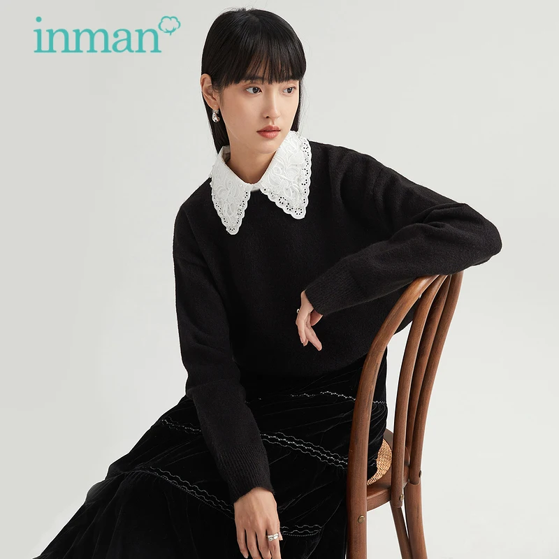 

INMAN Women's Sweater Spring Autumn Sweet Young Color Contrast Detachable Embroidered Collar Black Pullover Top