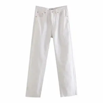 

Fashion Women White High Waist Straight Jeans Chic Rivets Pockets Decoration Female Denim Long Pants Casual Pantalones