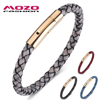 MOZO FASHION HOT Man Charm Bracelets Gray Genuine Leather Rope Mixed Braided Bracelet Simple Punk Woman Classic Jewelry 602