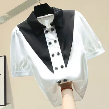 

Black and White Color Matching Short Sleeve Chiffon Shirt Women's Summer Top Ladies Blouses Tops Blusas Mujer De Moda 2020
