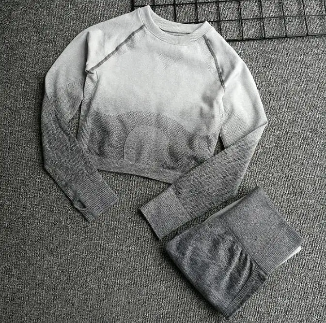 Grey white s Женский бесшовный комплект для йоги, для спортзала, высокая талия, лосины, футболки, топ, костюм с длинным рукавом, фитнес, тренировки, спорт, набор спортивной одежды для бега - Цвет: Grey white s