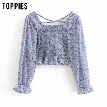 

summer blue floral printed chiffon blouses vintage pleated ruffles shirts sexy square collars shirts