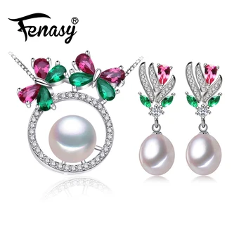 

FENASY 925 Sterling Silver Emerald Jewelry Sets Natural Pearl Stud Earrings Trendy Pendant Necklaces For Women Green Stones