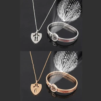 

Titanium Steel 100 Different Language I Love U Heart Lock Key Couple Bracelet Necklace Nanotechnology Lover Jewelry Set