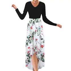 2019 Новое весенне-летнее женское платье с цветочным принтом, асимметричное платье с v-образным вырезом и длинными рукавами в стиле пэчворк