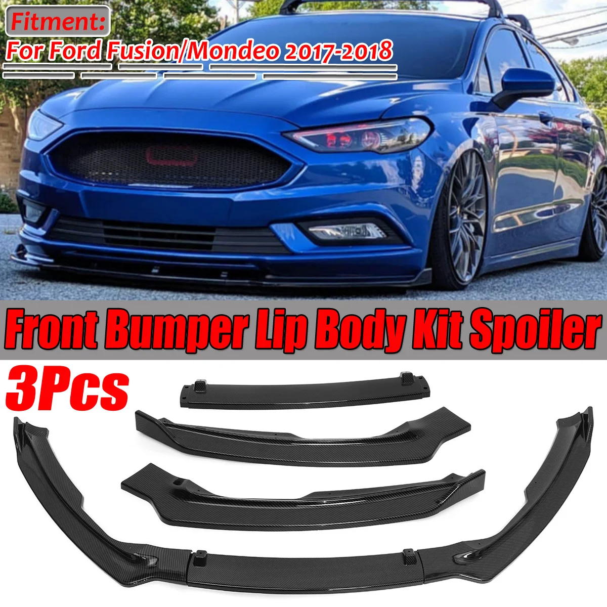 3Piece Carbon Fiber Look/ Black Car Front Bumper Splitter Lip Body Kit Spoiler Diffuser For Ford Fusion Mondeo 2017 2018 | Автомобили и