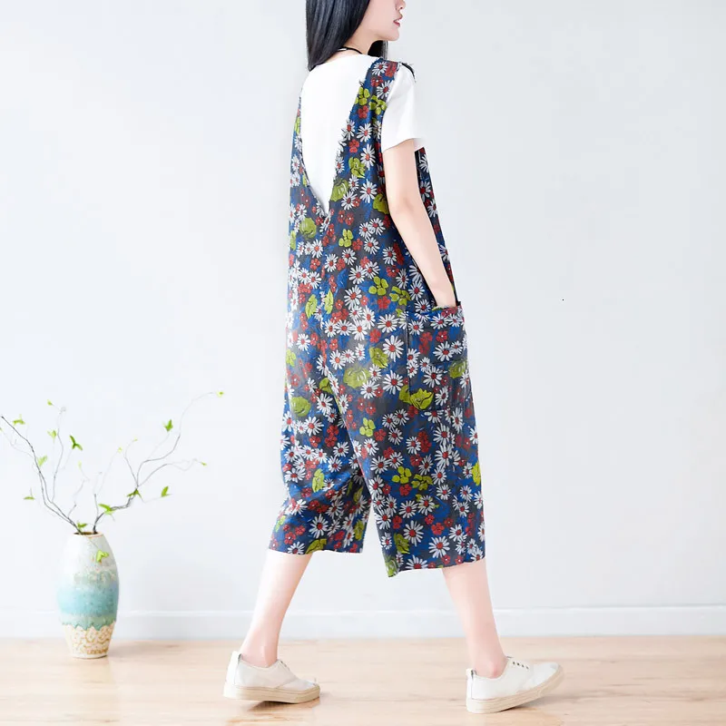 0338 Summer Denim Jumpsuit Women Floral Print Big Pocket Loose Oversize Vintage Jeans Jumpsuit Ladies Vintage Adjustable Strap