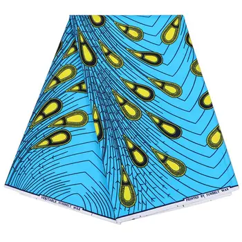 

New Wax Fabric African Yellow Peacock Feather Print African Ankara Real Guaranteed Wax Sky-Blue Color Fabric 6Yards