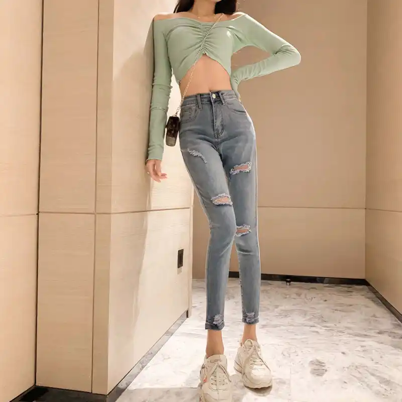 2019 Moda Estudiantes Rasgado Agujero Mezclilla Mujer Delgada