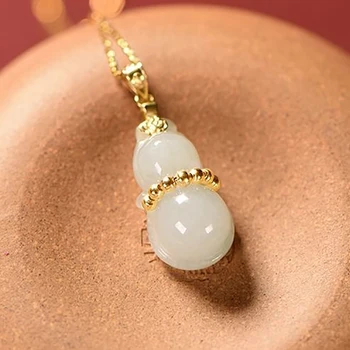 

SNew Silver Natural Hetian White Jade Gourd Pendant Necklace Jade Chinese Retro Jasper Palace Style Women's Brand Jewelry