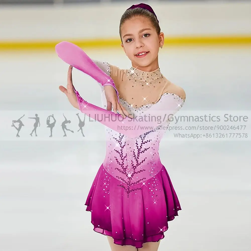 LIUHUO-Robe de Patinage Artistique pour Femme Adulte et Adolescente, Costume Personnalisé, Compétition de Performance, brevDégradée Rouge et Violet  200000532