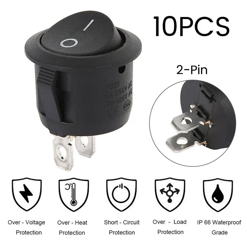 10Pcs ON/OFF 2 Pin Round Rocker Switch Illuminated Car Dashboard Dash