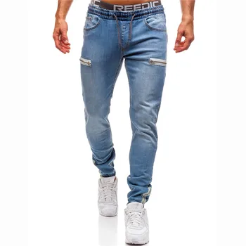

MORUANCLE Hi Street Jeans Pants For Man Stretch Denim Trousers With Multi Zippers Drawstring Elastic Waist Washed Blue M-XXXL