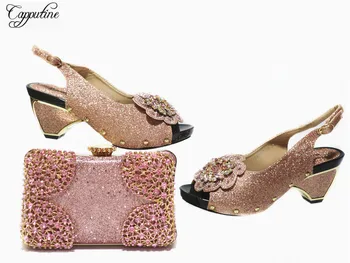 

Rose Gold African Women High Heels Pumps Shoes And Purse Bag Set Nice Wedding Sandals With Clutch Handbag GL1030 Height 6Cm