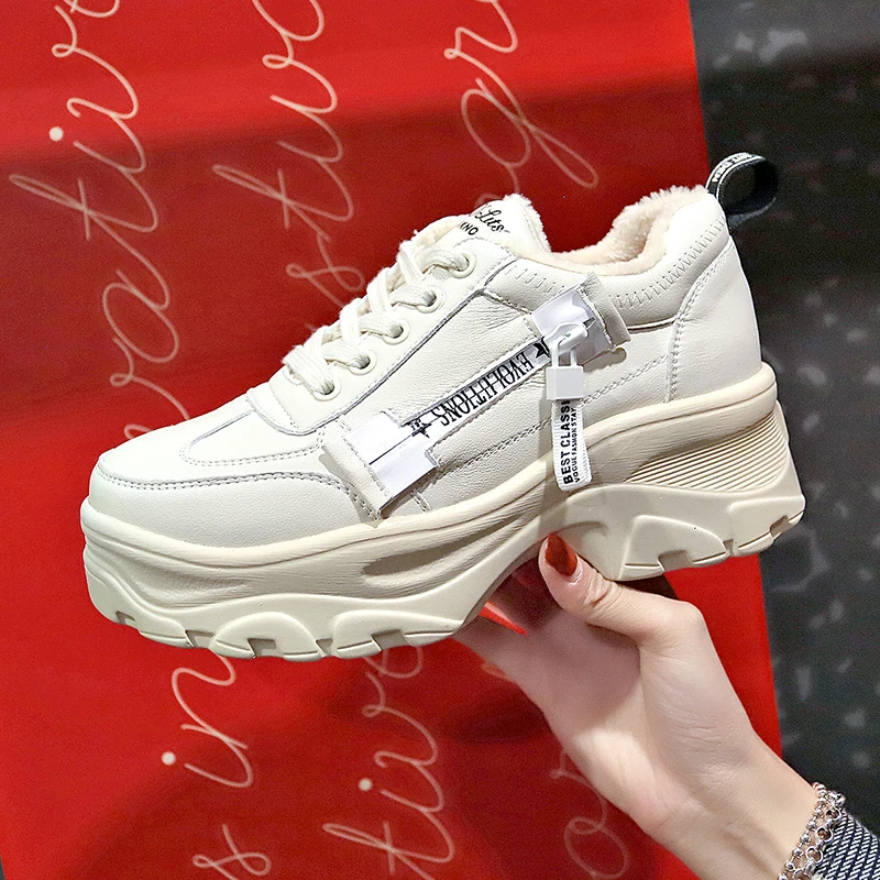 

Women Sneakers Winter Running Shoes PU Leather Women Keep Warm Platform Height Increasing Cotton Plush Sport Shoes Woman 35-39