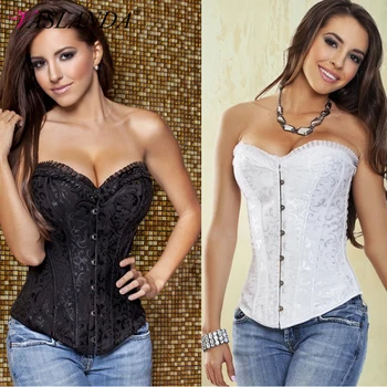 

VASLANDA Women's Jacquard Overbust Corset Top Boned Steampunk Gothic Bustier Lace Up Waist Cincher Corselet Satin Basque Tanks