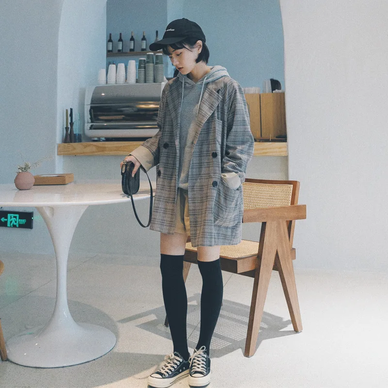 

Photo Shoot Plaid Suit Jacket Women's Loose-Fit Korean-style 2019 Autumn New Style Hong Kong Style Retro CHIC Suit South Korea