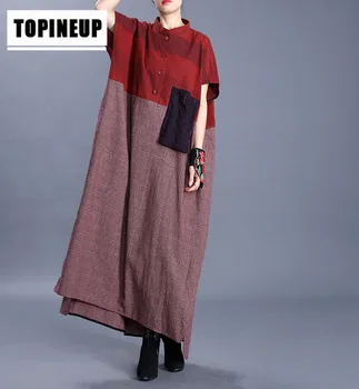 

Women Retro Color matching Short Sleeve Stand Collar Dress plus size Dress