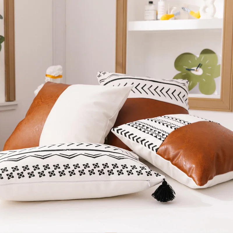 

Brown Faux Leather Cotton Stitching Cushion Cover 45x45cm Throw Pillow Covers for Couch Bed Home Decor Square Waist Pillowcase