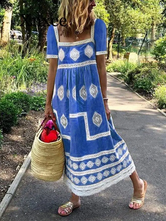 

Women Summer boho Beach Dress Women Short Sleeve Vintage Floral Casual Dresses 2020 NEW Boho Print Dress Female