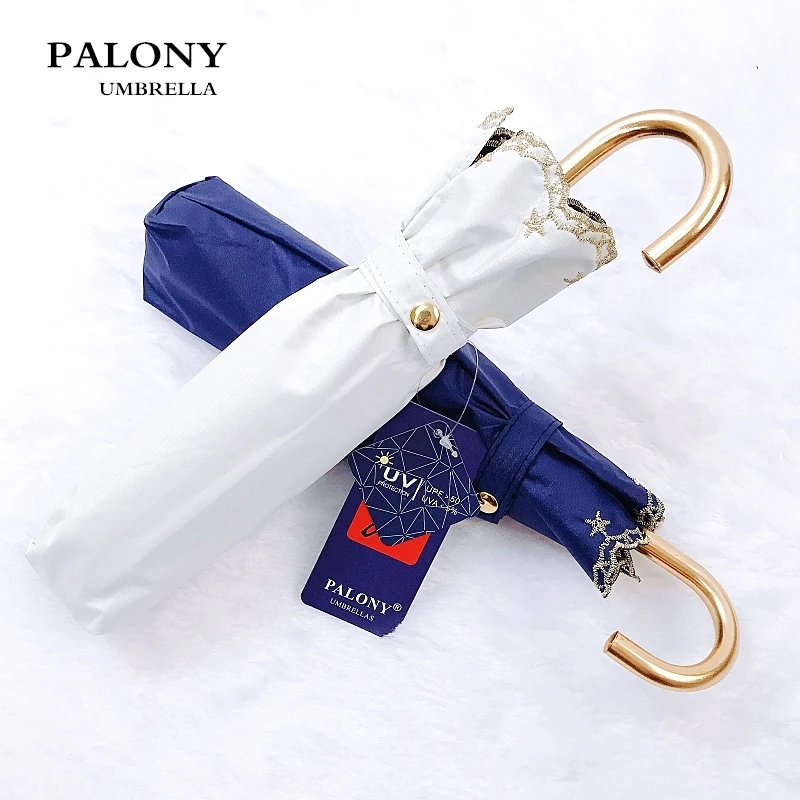 

PALONY Six Bone Frame Small Golden Hook Triple Folding Lady Lace Style Gilt Embroidery Sunshade Windproof Folding Umbrella