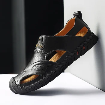 

Men Sandals Summer Casual genuine Leather Flat Shoes Soft Comfortable Round Toe Slip On outdoor Leisure Sandals big size 48