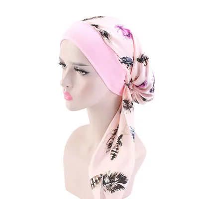 Muslim Women Print Cotton Turban Hat Headscarves Pre-Tied Cancer Chemo Headwear Bandanas Headwrap Caps Pink Feather