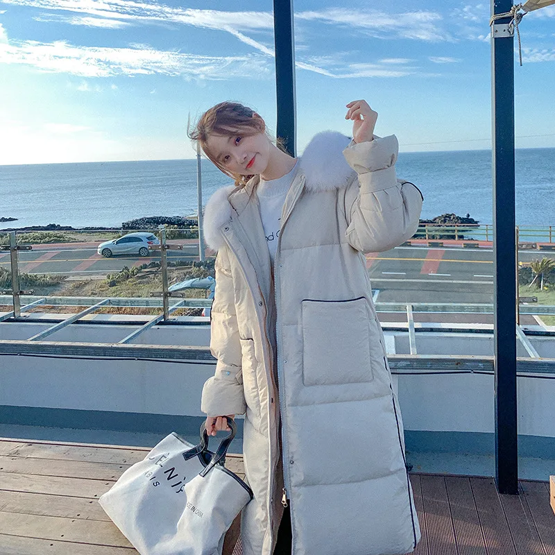 

Autumn & Winter Korean-style Large Fur Collar Cotton-padded Jacket Loose-Fit Students Thick over-the-Knee Cotton Coat Mid-length