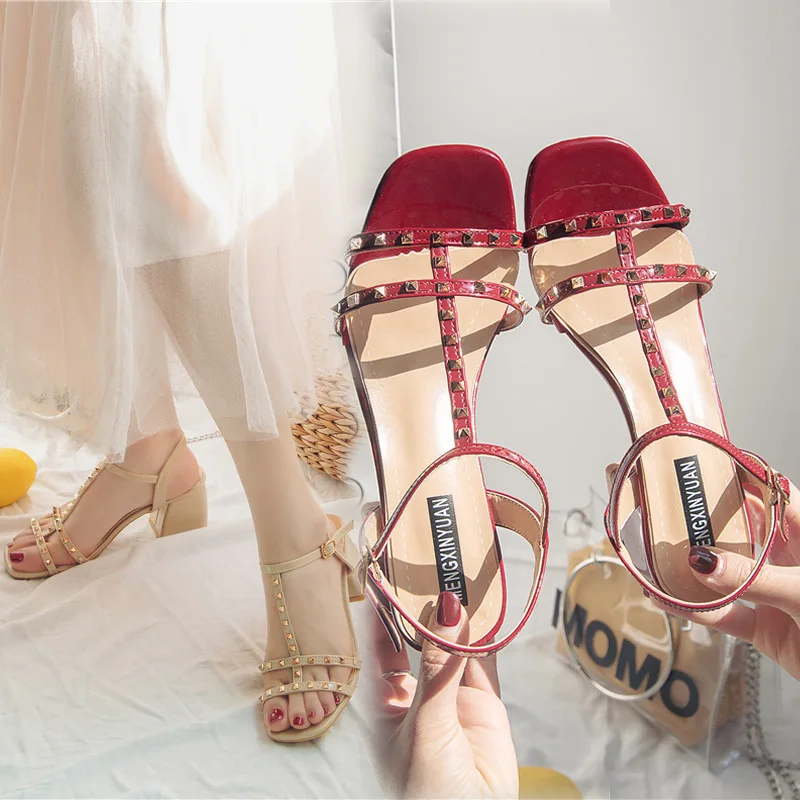 

Sandals Women's Summer New Style Europe And America A- line with Fashion Rivet Peep-Toe Buckle Thick Rome High-heeled Sandals