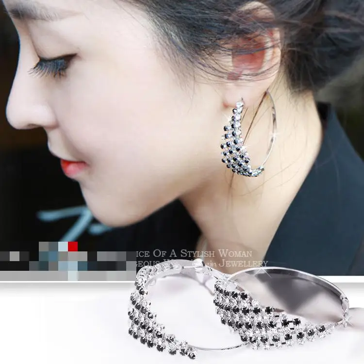 European And American Big Fashion Glamorous Nightclub Queen Style Black White Crystal Exaggerated Earrings | Украшения и