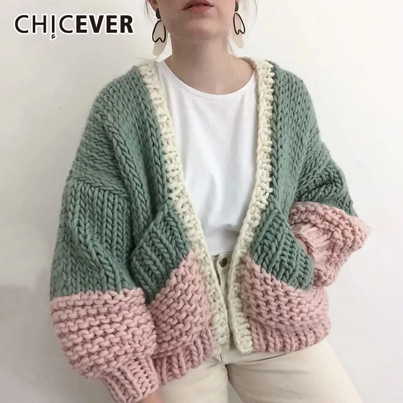 Женский трикотажный свитер CHICEVER Повседневный Кардиган с рукавами-фонариками