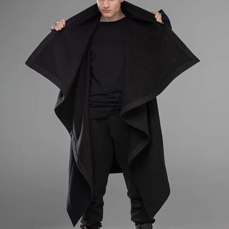 Men Long Sleeve Solid Color Scarf High Collar Trench Jackets Street Trend Style Baggy Warm Outerwear