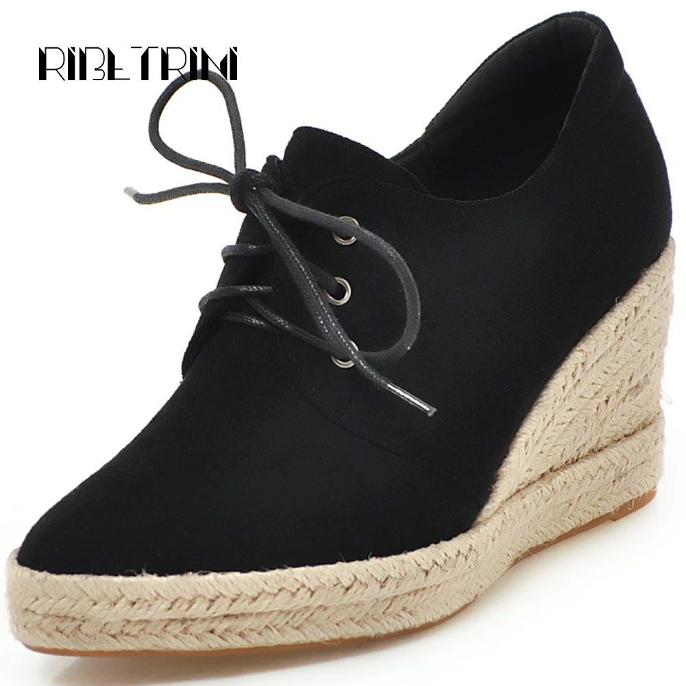 

RIBETRINI New Fashion Office Ladies Pointed Toe Pumps Concise lace-up Wedges Pumps Women Spring High Heels Shoes Woman