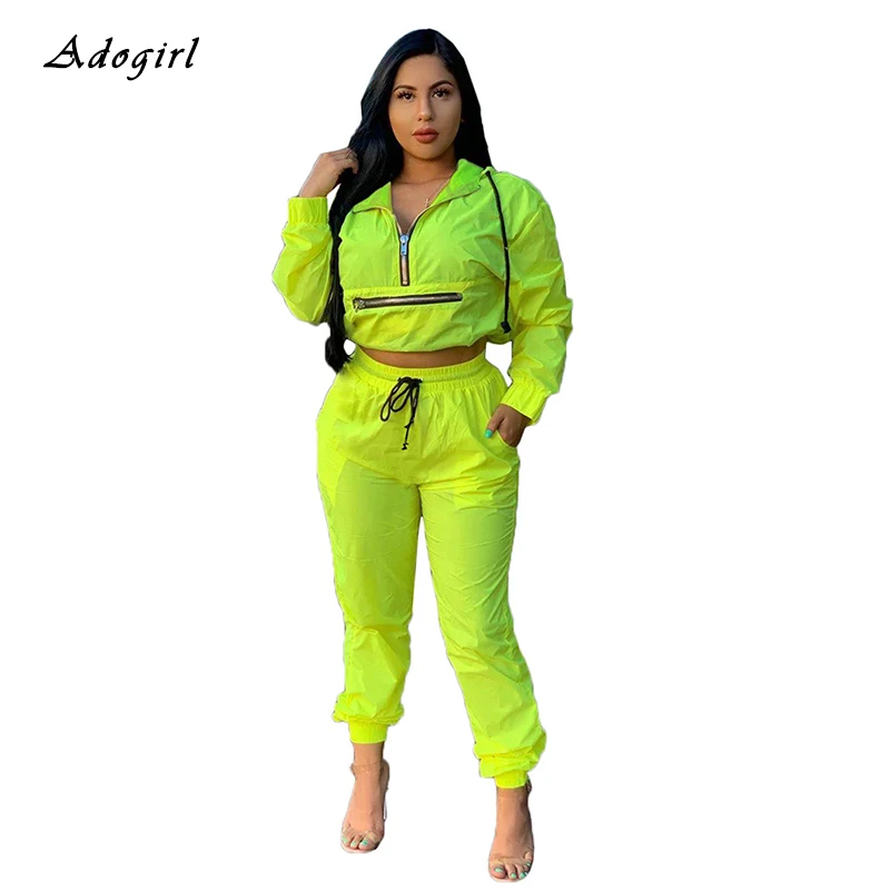 Chándal fluorescente con cremallera para mujer, Top de encaje informal con pantalones pitillo, conjunto de dos piezas, conjuntos deportivos de bolsillo Delgado|Trajes - AliExpress